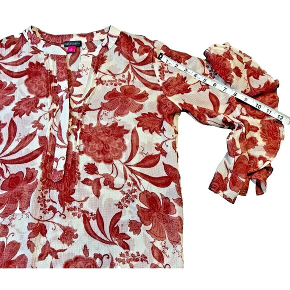 Vince Camuto Women's Blouse Small Sheer Ivory Tunic 3/4 Bell Sleeves Red Flowers - Picture 4 of 6